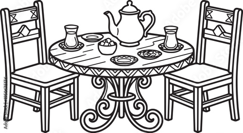 elegant black and white teahouse table setting with teapot and cups isolated