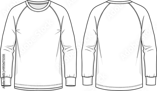 Long Sleeve Raglan T-Shirt Technical Sketch, Mens Sweatshirt Front and Back View Flat Vector Illustration