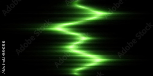 An abstract digital art backdrop features black and green motion waves with light ray effects and a glowing energy texture on a dark night space wallpaper
