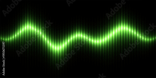 A colorful abstract background vector illustration featuring a bright green wave equalizer design with digital sound lines and light spectrum patterns against a dark black technology texture 
