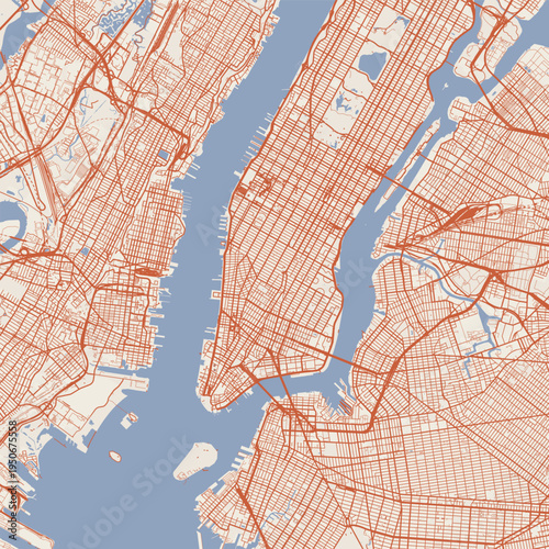 New York City Map Sophisticated Geometric Urban Topography Featuring Meticulous Linework and Balanced Composition in a Timeless Minimalist Terracotta Earth Blueprint Aesthetic for Art Display.