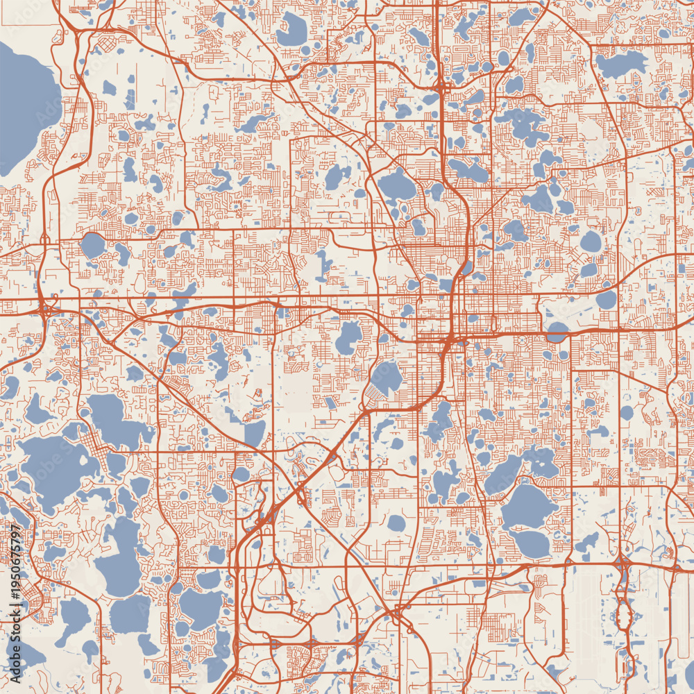 Obraz premium Orlando City Map Sophisticated Geometric Urban Topography Featuring Meticulous Linework and Balanced Composition in a Timeless Minimalist Terracotta Earth Blueprint Aesthetic for Modern Living.