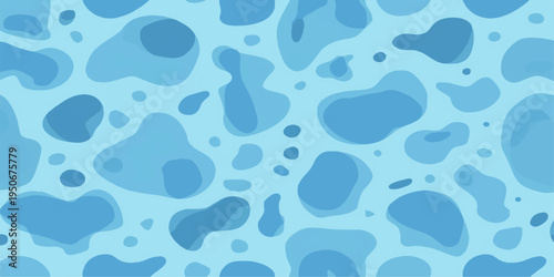 Seamless vector illustration of a blue nature wallpaper featuring a water drop pattern with an artistic leopard skin texture and circular animal fur shapes for a unique decorative design