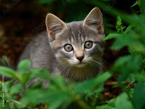 Wallpaper Mural A captivating young tabby feline, with soft gray and striped fur, peeks through a vibrant frame of lush green foliage. Its large, luminous eyes, filled with an intense sense of curiosity and wonder, g Torontodigital.ca
