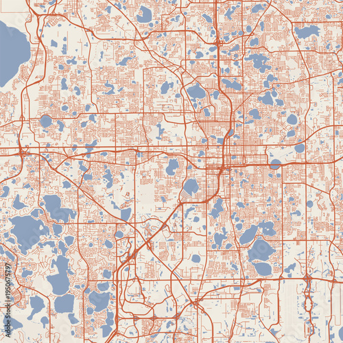 Orlando City Map Sophisticated Geometric Urban Topography Featuring Meticulous Linework and Balanced Composition in a Timeless Minimalist Terracotta Earth Blueprint Aesthetic for Modern Living.