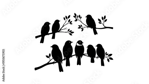 Set of 8 black bird silhouettes on tree branches