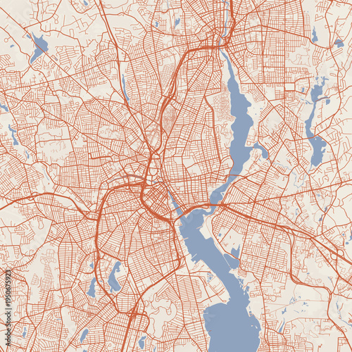 Providence City Map Sophisticated Geometric Urban Topography Featuring Meticulous Linework and Balanced Composition in a Timeless Minimalist Terracotta Earth Blueprint Aesthetic for Small Walls.