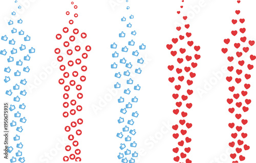 Floating social media reaction icons featuring red hearts and blue thumbs up like buttons for live stream video interface vector.