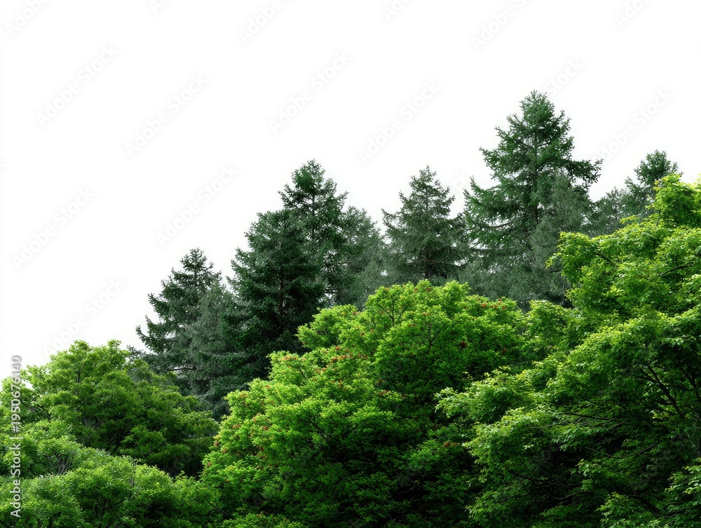 Fototapeta premium A lush, vibrant canopy of diverse green trees stands against a pristine white background, offering ample space for text or design elements. The fresh foliage showcases various shades of green, with de