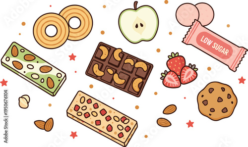 Vector illustration of assorted snacks including cookies, chocolate, fruit, and nut bars