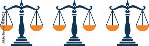 Vector illustration of balance scales symbolizing justice, fairness, equality, and legal concepts with orange pans and blue base