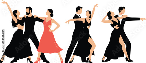 Vector illustration of ballroom dancing couples in elegant attire performing graceful poses