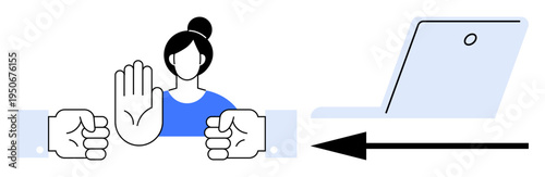 Online harassment awareness. through human interaction, protective gestures, and a laptop symbol. Online harassment prevention, secure communication, and user safety online platforms. For education