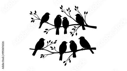 Set of 6 black bird silhouettes on branches