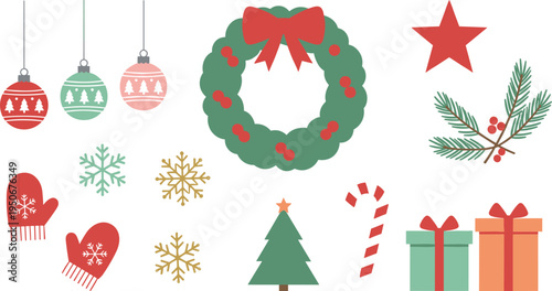 Vector illustration of Christmas decorations including ornaments, wreath, mittens, snowflakes, candy cane, gifts, and festive tree