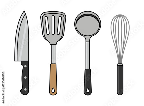 Essential kitchen tools showing a knife, slotted spatula, soup ladle, and wire whisk, representing culinary equipment
