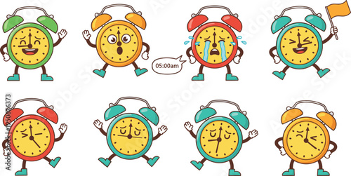 Vector illustration of colorful cartoon alarm clocks showing different emotions and times for fun and educational use