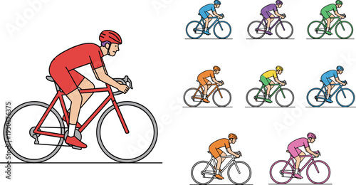 Vector illustration of colorful cyclists group with matching outfits and bicycles arranged in race lineup