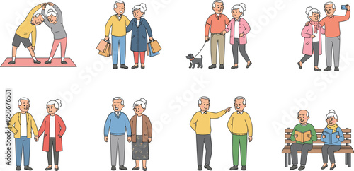 Vector illustration of elderly couples engaging in activities including exercise, shopping, walking, reading, and social interaction