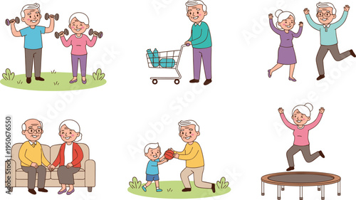 Vector illustration of elderly people enjoying active and joyful lifestyles