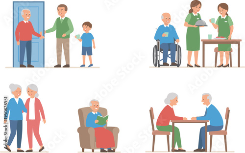 Vector illustration of elderly people engaging in activities including care, companionship, reading, and social interaction