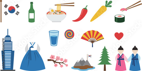 Vector illustration of Korean culture icons including food, traditional clothing, landmarks, and symbols