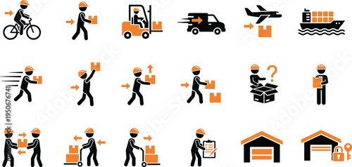 Vector illustration of logistics and delivery process showing workers, vehicles, warehouses, and package handling in supply chain