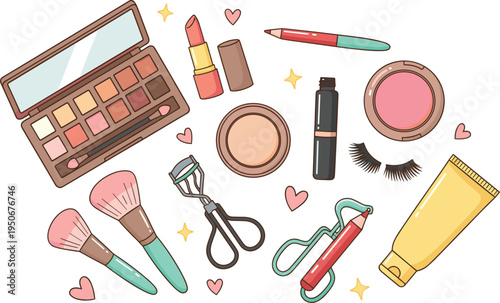 Vector illustration of makeup and cosmetic products including brushes, lipstick, and eyeshadow palette