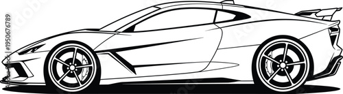 Vector illustration of modern sports car line drawing with aerodynamic design, spoiler, alloy wheels, and sleek curves