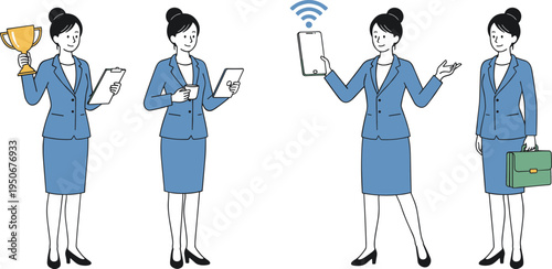 Vector illustration of professional woman in business suit holding trophy, tablet, smartphone, briefcase, and cup in various poses