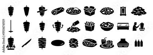 Doner Kebab Food and Restaurant Equipment Silhouette Icon Set – Turkish Fast Food Icons Collection