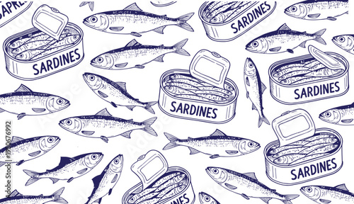 Vector illustration of sardines and sardine cans in vintage blue pattern