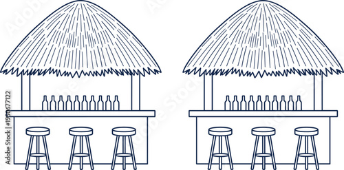 Vector illustration of tiki‑style beach bars with thatched roofs, bottles, and stools in a mirrored symmetrical design