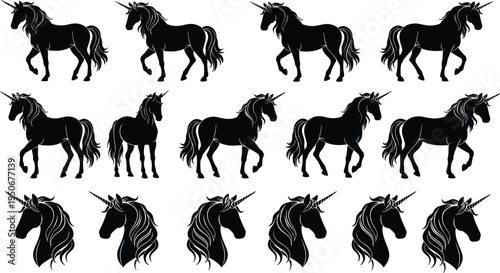 Vector illustration of unicorn silhouettes in various poses and head profiles for fantasy, design, and decoration