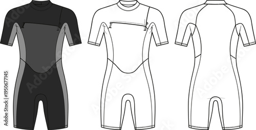 Men's Short Sleeve Wetsuit Flat Vector Technical Sketch Template with Front and Back View