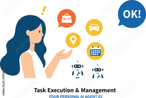 Vector illustration of woman using AI assistant for task execution, shopping, scheduling, transportation, and digital management support