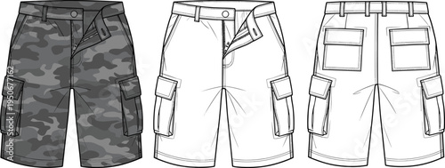 Men's Camo Cargo Shorts Technical Sketch, Camouflage Bermuda Pants Fashion Flat Vector Illustration