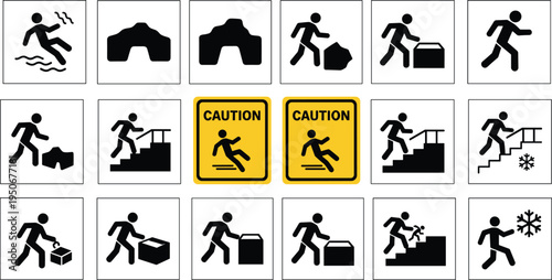 Vector illustration of workplace safety icons showing hazards and precautionsVector illustration of workplace safety icons showing hazards and precautions