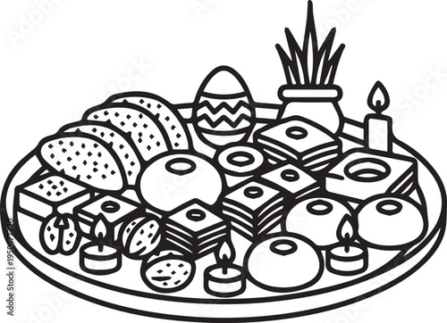 Novruz holiday sweets platter with traditional treats and candles flat icon