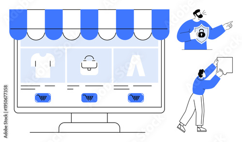 E-commerce security. E-commerce platform with secure shopping features and digital protection. E-commerce promoting trust in online transactions. Perfect for retail, technology, business apps