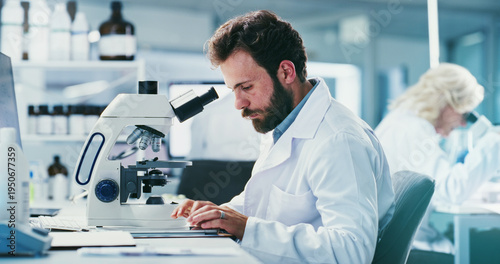 Bild auf Leinwand Microscope, man and scientist in laboratory for pharmaceutical research, study or experiment