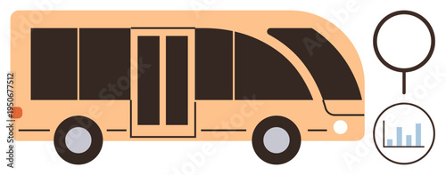Public transit, urban mobility, data analytics, transportation services, vehicle design, research. Modern bus with magnifying glass and bar chart icon. Public transit and urban mobility