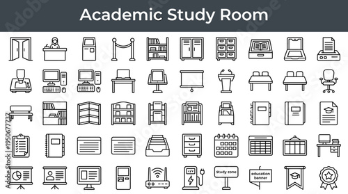 Academic reading room furnishings and study environment equipment illustrated as minimal outline icons representing educational
