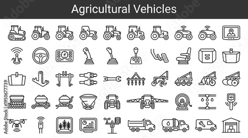 Agricultural vehicles and field operation equipment illustrated as minimal outline icons representing heavy machinery used in
