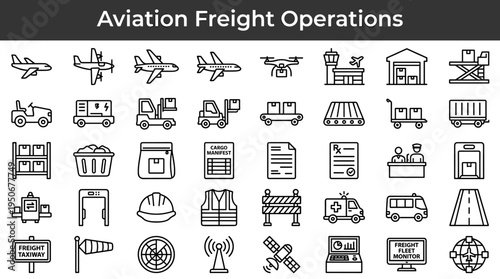 Air freight logistics equipment and airport cargo handling infrastructure illustrated as minimal outline icons representing