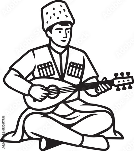 Traditional Azerbaijani Mugham Musician Playing Tar Instrument Illustration