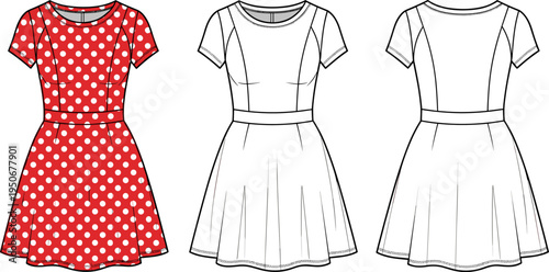 Polka Dot Dress Technical Flat Sketch Template, Red Summer Dress Fashion Illustration Vector