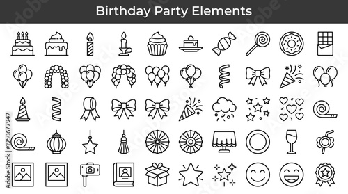 Party event elements and festive accessories used for celebrating an anniversary of birth illustrated as minimal outline icons