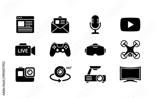 Blog article page, newsletter envelope, podcast microphone icon, video play button, live stream camera, gaming controller, virtual