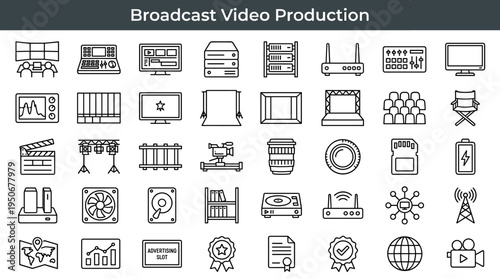 Broadcast video production environment and professional television equipment illustrated as minimal outline icons representing